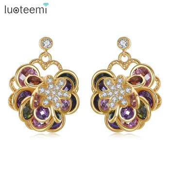 

LUOTEEMI Brand Unique New Arrival Drop Earrings Flowers Shape With Champagne Gold-Color Multi CZ Jewelry Wedding Brincos