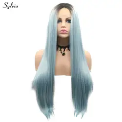 Sylvia смог синий синтетический Frontal шнурка волос Искусственные парики шелковый прямой парик длинные волосы грязно синий канекалон