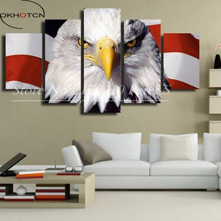 OKHOTCN HD Printed America Flag 5 Piece Landscape Picture Painting Wall