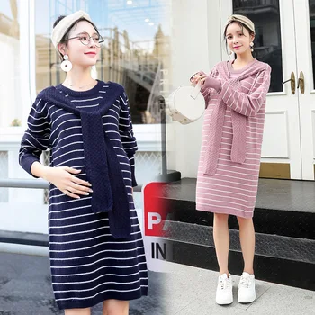 

Maternity Women Long Sleeve Knit Dress New Moms Shoulder Ribbons Loose Fit Striped Knitting Pullover Fashion Sweater Dresses