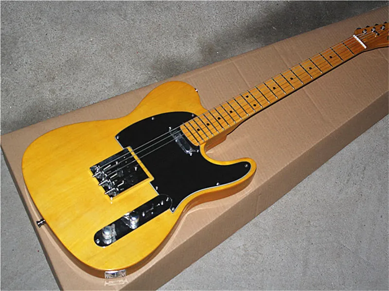 

Factory Custom 22 Frets Yellow Electric Guitar with Black Pickguard,Yellow Maple Neck,offering customization.
