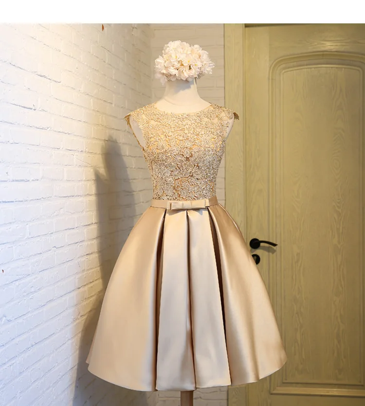Золотой Vestido madrinha2019 новые кружевные и атласные трапециевидные розовые, красные, золотые короткие платья для невесты Дешевые Гость платье - Цвет: Золотой
