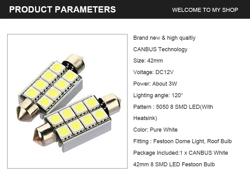 Высокое качество 42 мм 8 SMD 5050 светодиодный чистый белый купол с фестонами CANBUS Error Free салона авто светильник лампочка 12V