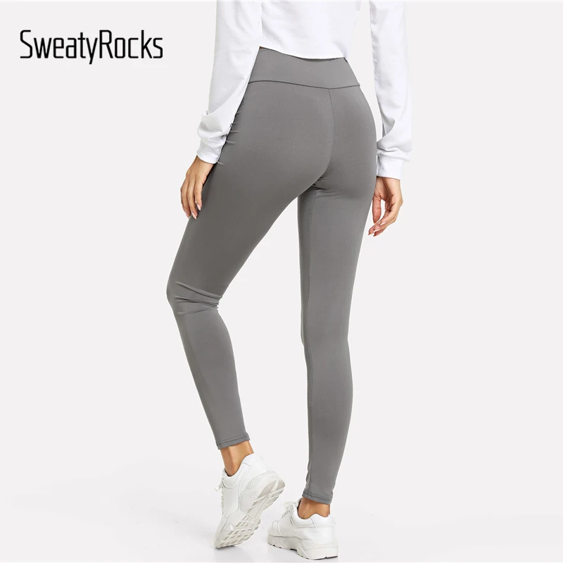 SweatyRocks с широким поясом однотонные леггинсы с высокой талией для тренировок серые облегающие Женские леггинсы весенняя одежда для активного отдыха эластичные леггинсы