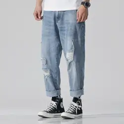 Весенне-осенние рваные джинсы для мужчин, свободные джинсы со средней талией, уличные брюки, мужские прямые джинсовые брюки-карандаш