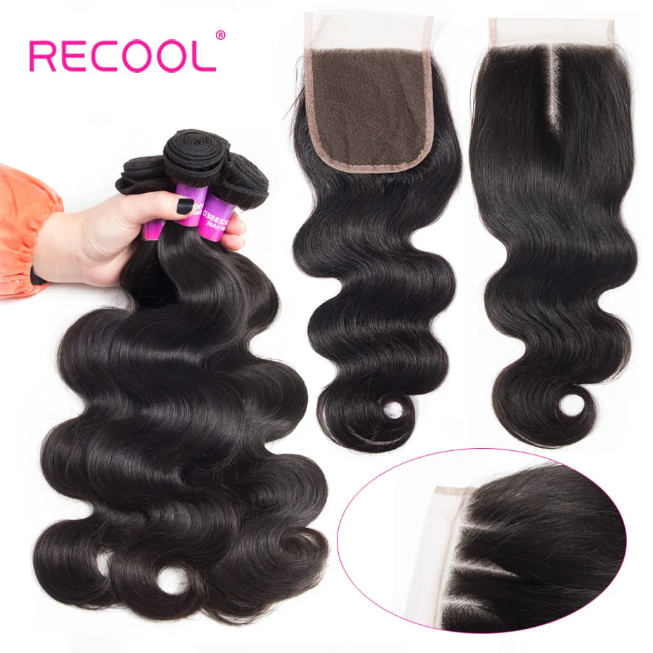 

Recool Hair Brazilian Body Wave Human Hair Weave Bundles with Closure 10-28 Inch Remy Hair Extension Lace Closure With 3 Bundles