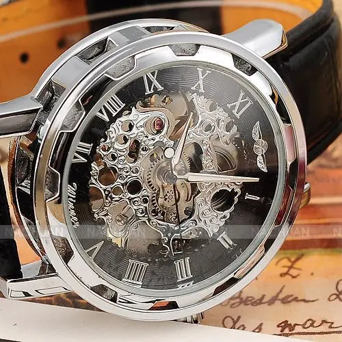 2015 New Hot Sale Skeleton Hollow Fashion Mechanical Hand Wind Men Luxury Male Business Leather Strap