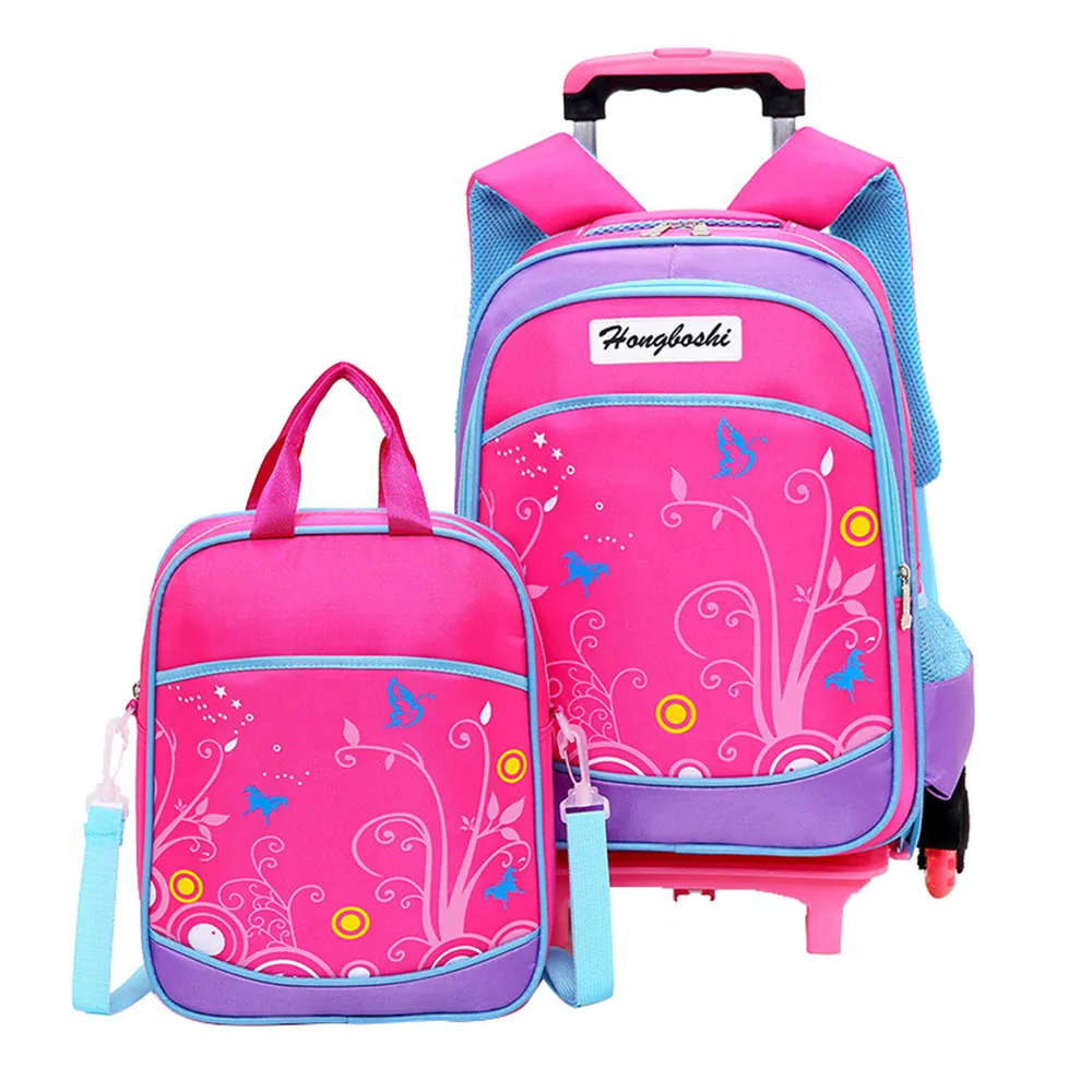 2PCS/set Children School Bags Backpacks 2/6 Wheels Removable Trolley