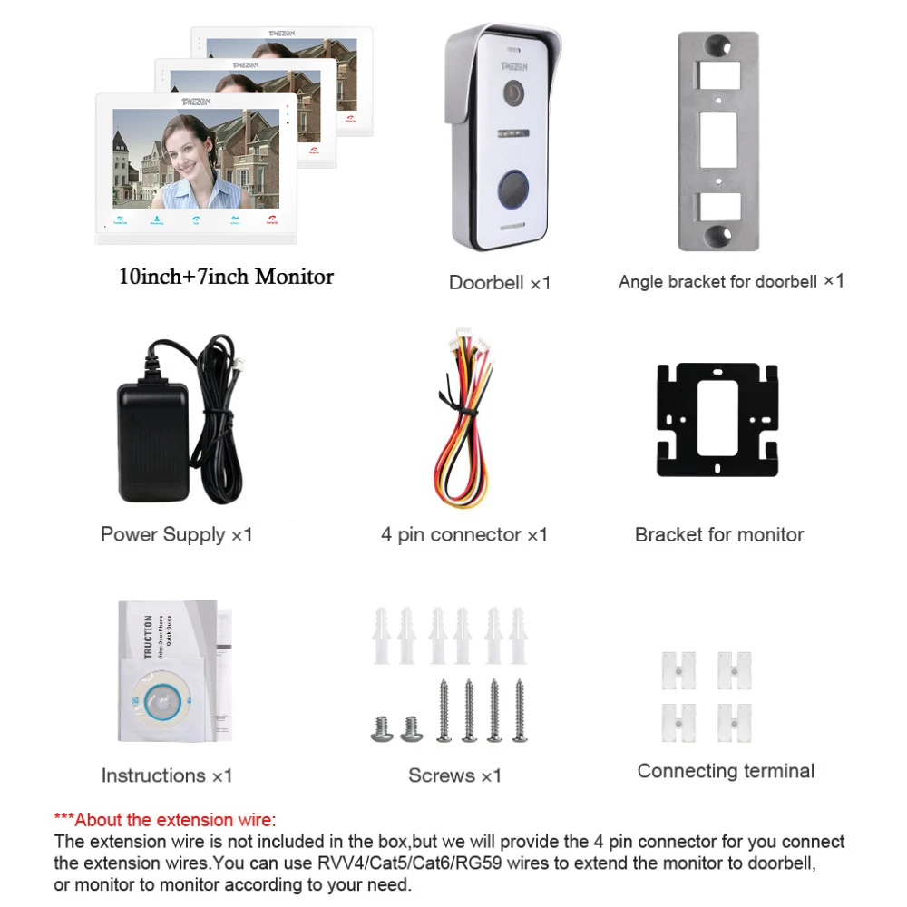 TMEZON беспроводной Wifi смарт IP видео дверной звонок Домофон Система, 10 дюймов+ 2x7 дюймов монитор с 1x720P проводной дверной телефон камера