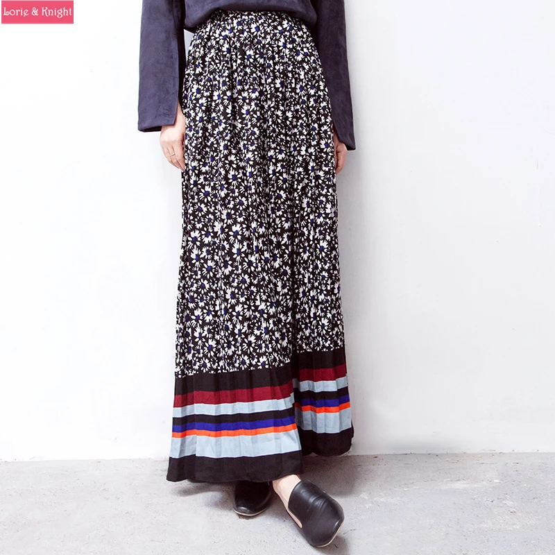 Весна Зеленый Цветочный Принт Богемия Плиссе Длинная Юбка|pleated long skirt|long skirtpleated