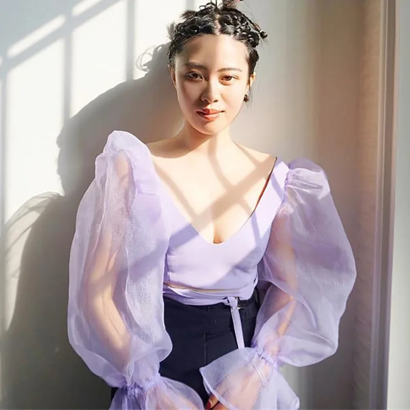 

NCLAGEN 2019 Mesh Patchwork Sun Protection Long Flare Sleeve Summer Cropped Tops T Shirt Women V Neck Navel Bare Tee Shirts