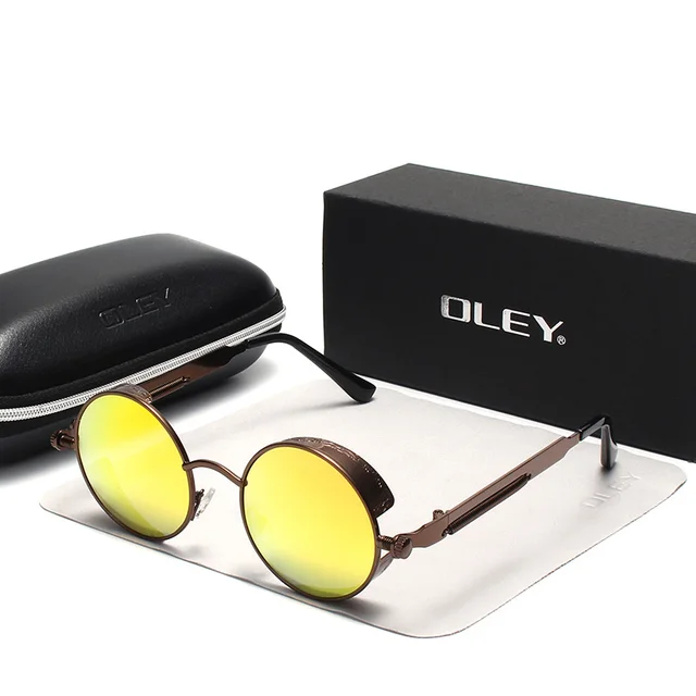 OLEY Brand Metal Round Steampunk Sunglasses Men Women Fashion Color film punk sun glasses Driving Anti-glare Eyewear UV400 Y261 Y261 C5BOX