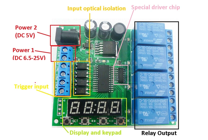 12 В постоянного тока, 4-канальный многофункциональный таймер задержки цикла триггерный релейный модуль: циклический временной бистабильный и моностабильный переключатель с моментальной самоблокировкой