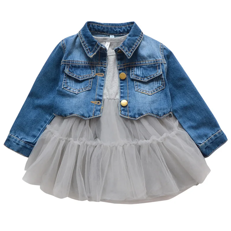 Повседневные летние платья для девочек, детское платье-пачка с длинными рукавами+ джинсовая куртка одежда для маленьких девочек на 1 день рождения детская одежда - Цвет: Gray