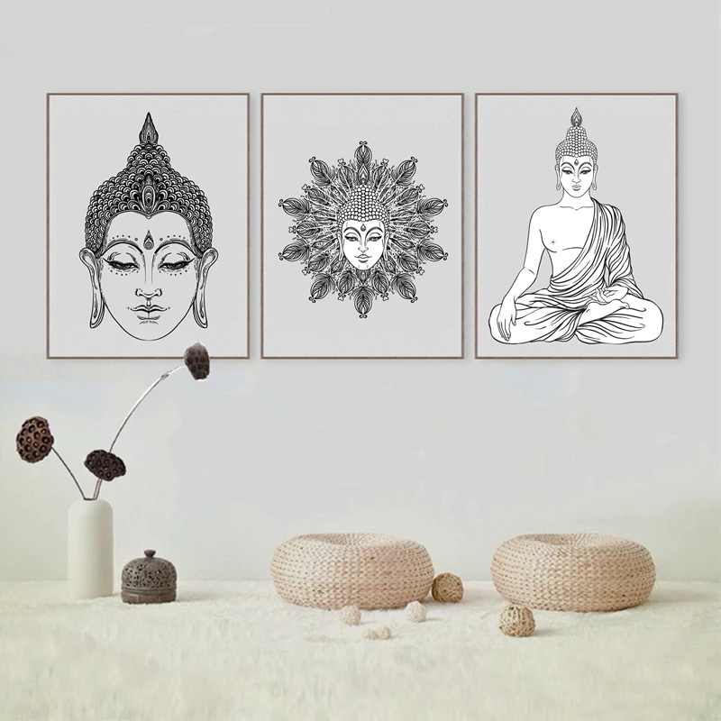 

Sitting Buddha Art Print And Poster Wall Pictures , Hand Drawn Buddha Face Canvas Poster Prints Buddhism Home Decoration