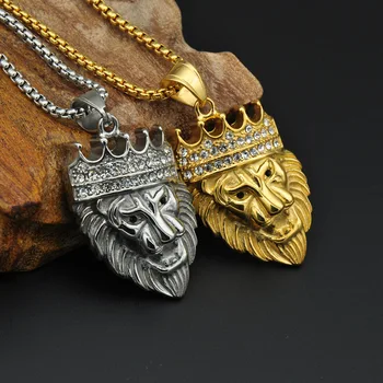 

Beichong Gold Tone Chain King CZ Crown Lion Head Pendant Necklace for Men Stainless Steel Male Jewelry Gift