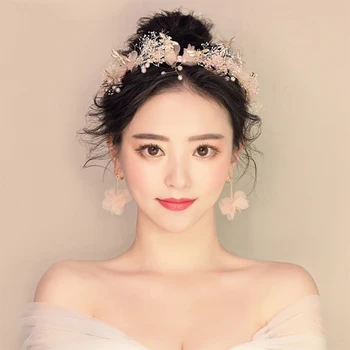

2Colors Silk Lace Flower Crowns and Earrings for Bridal Wedding Bowknot Headbands Women Dry Flower Garland Dragonfly Headpiece