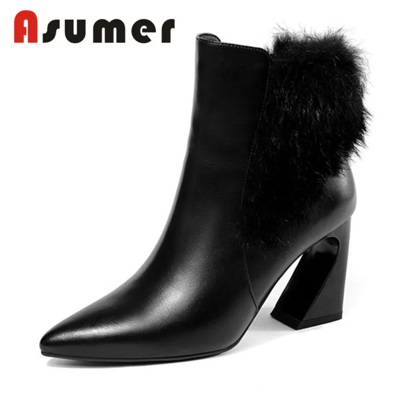 

ASUMER NEW ARRIVE 2020 adult sexy ankle boots for women thick heels fur winter boots simple pointed toe genuine leather boots