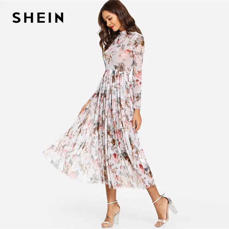 SHEIN, многоцветные вечерние платья Highstreet, элегантные, с ложным вырезом, полупрозрачные, плиссированные, с цветочным рисунком, ТРАПЕЦИЕВИДНОЕ ПЛАТЬЕ, осень, современные женские платья