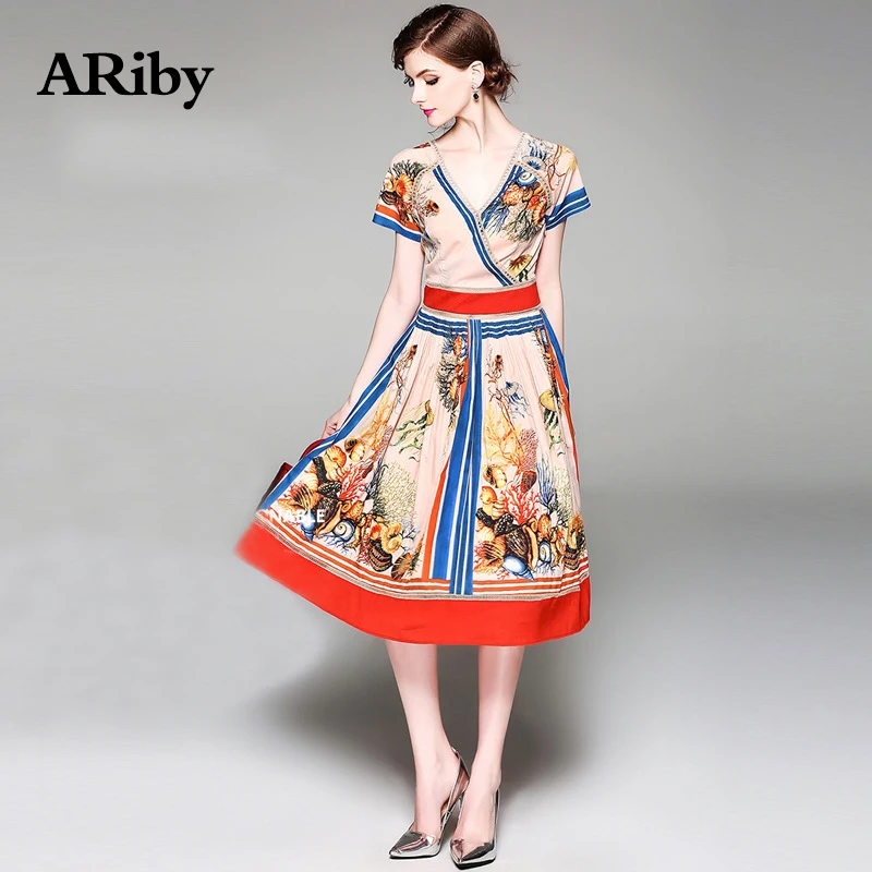 Dress Women Summer V Collar Dress 2019 New Lady Elegant Vintage Short Sleeves Slim Printed Hollow Out A-Line Dress Plus Size