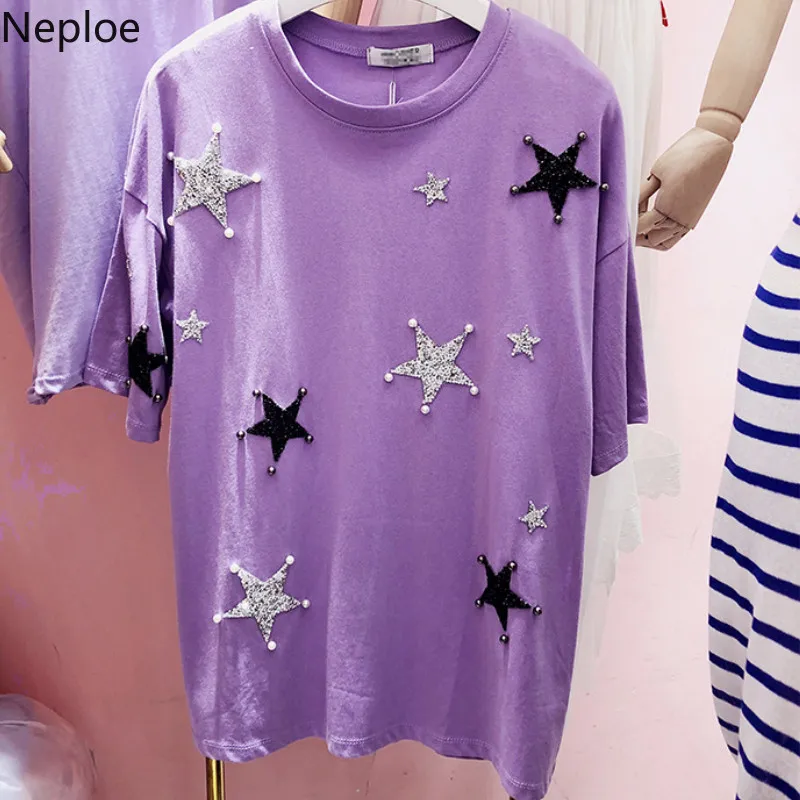 Neploe Stars Diamonds Beading Tshirts Korean Loose O-neck Short Sleeve Tee Shirts 2019 Summer New Casual Tops Shirt 43191 | Женская