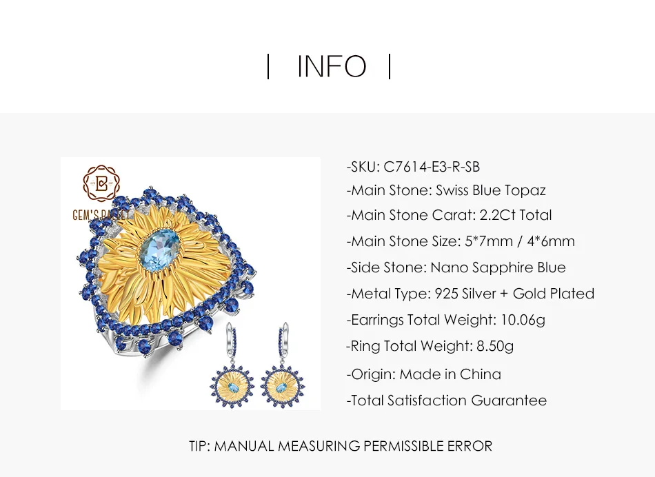 Gem балетки 2.2Ct Природный Швейцарский украшения с голубым топазом 925 пробы серебра ручной работы кольцо «Подсолнух» серьги Ювелирные наборы для Для женщин