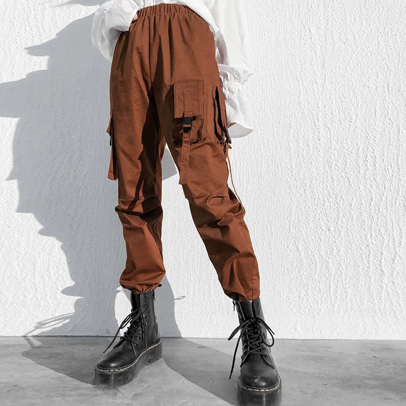

2019 New Brick Color Bullet Bag Straight Casual Overalls Women's Loose Multi-pocket Pants Long Elastic Waist Streetwear Trousers