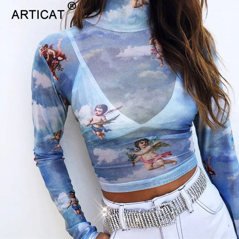 

Articat Angel Printed Transparent Mesh T-Shirt Women Turtleneck Long Sleeve Slim Basic Autumn Tops Pretty Girls Casual Tshirts