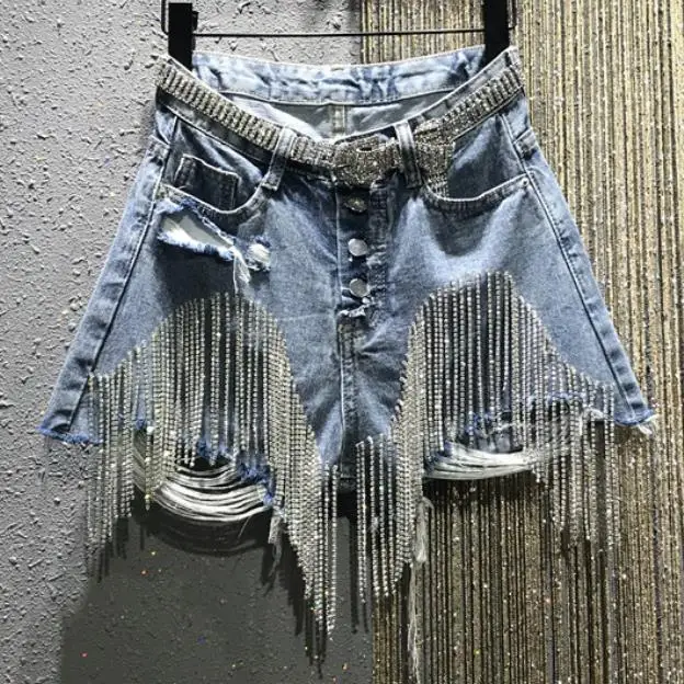 blue Женские джинсовые шорты с кисточками, стразы, лето, новые модные джинсовые шорты с высокой талией и широкими штанинами - Цвет: blue