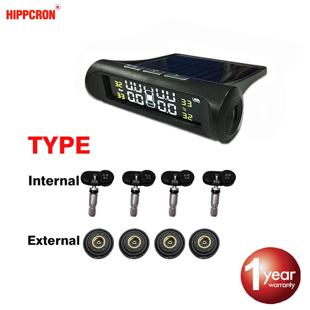 

Hippcron Tire Pressure Alarm Sensor Monitor System Internal / External Tpms Car Display Temperature Warning Solar Power Charging