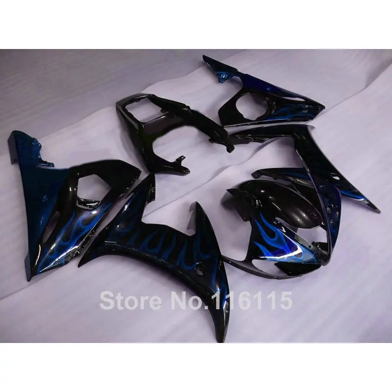 MOTOMARTS обтекатель комплект подходит для YAMAHA 2003 2004 2005 R6 Синий Пламя в черном корпусе
