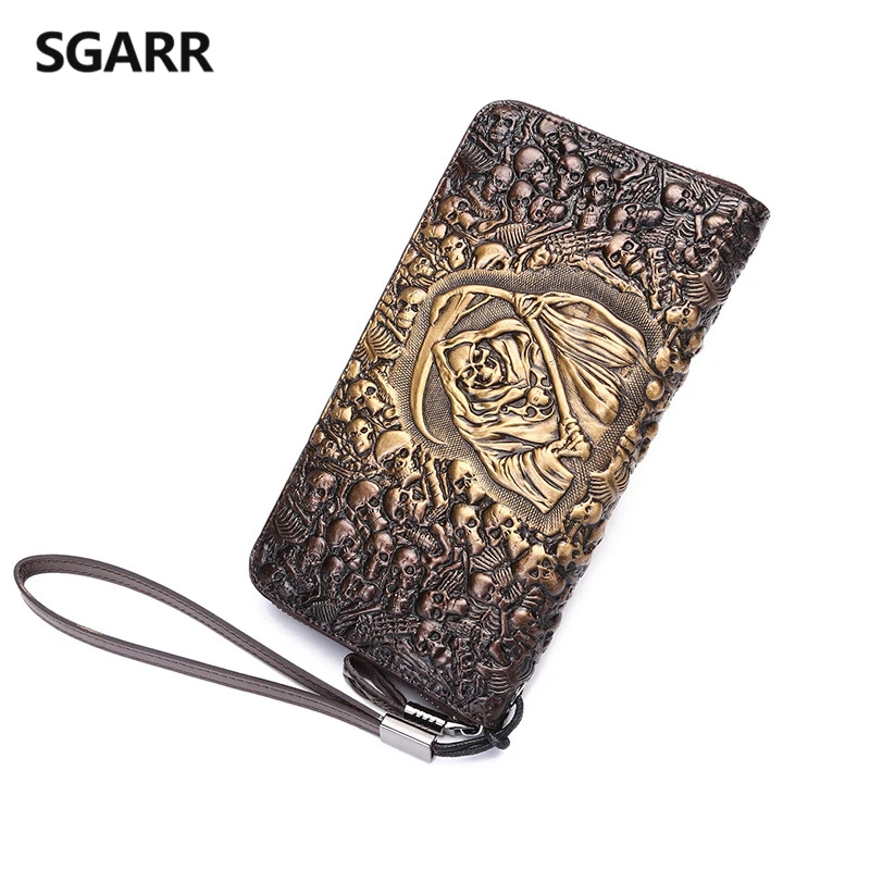 

Genuine Leather 2023 Men brand vintage designer luxury Skull wallet Long card holder purse casual Business Male Clutch Bag