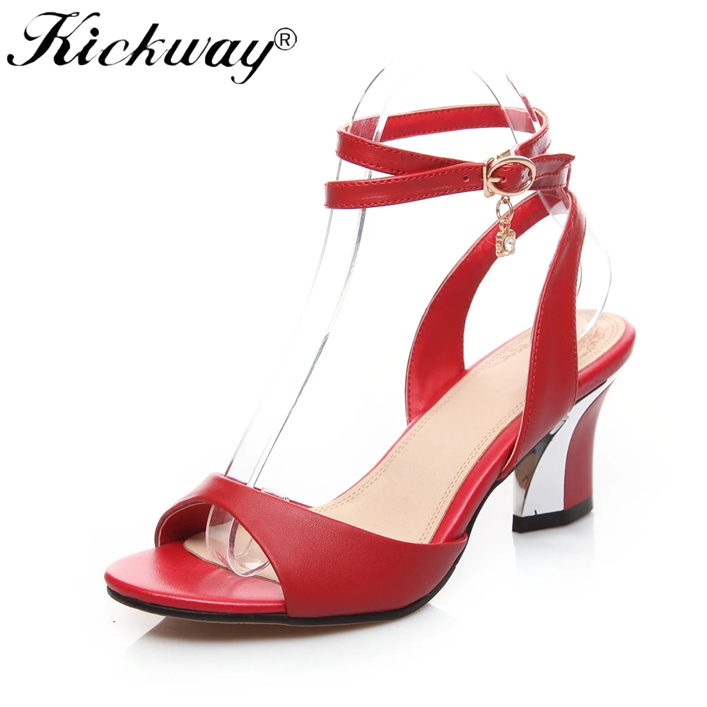 

Kickway Sandals women ankle wrap genuine leather sandals women Plus size 33-44 Zapatos mujer med heel open toe summer sandals