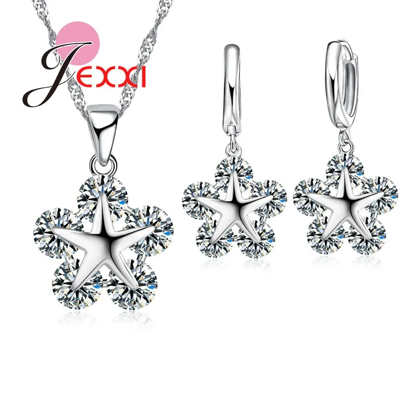 Jemmin элегантный Для женщин цветок Ювелирные наборы 925 серебро кристалл кулон Цепочки и ожерелья Серьги комплект для невесты свадебные