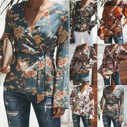 Корейский стиль женские Модные топы и блузки 2018 лето-осень Flare рукавом Цветочный принт блузка элегантные офисные