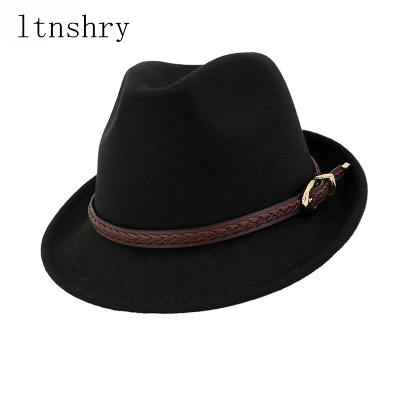 

2019 new Hats Men Feminino Hats With Belt Vintage Church For Women Elegant Trilby Cap Wool Warm Top Jazz Hat Black Curl Brim