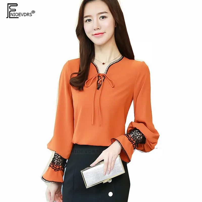 

Autumn Basic Shirts Blouses Women Fashion Lantern Sleeve V Neck Top Orange Patchwork Hollow Out Black Lace Cute Bow Tie Top 9117