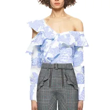 Asymmetric Embroidery Blue Ruffle Off Shoulder Lace Sheer Top