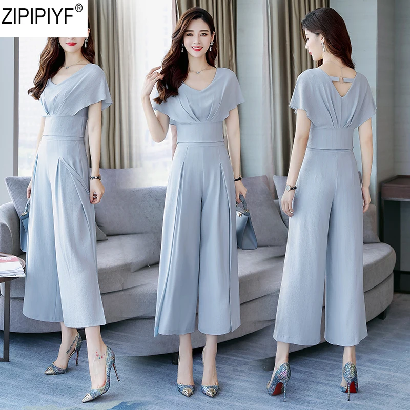 Vintage Pant suit 2018 Summer Fashion Elegant 2 Piece Set Women Solid V