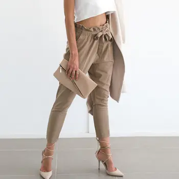 

Womens Fashion Stretch elegant Trousers High Waist Lace up Pants Casual bodycon slim Ladies pantalon femme Streetwear