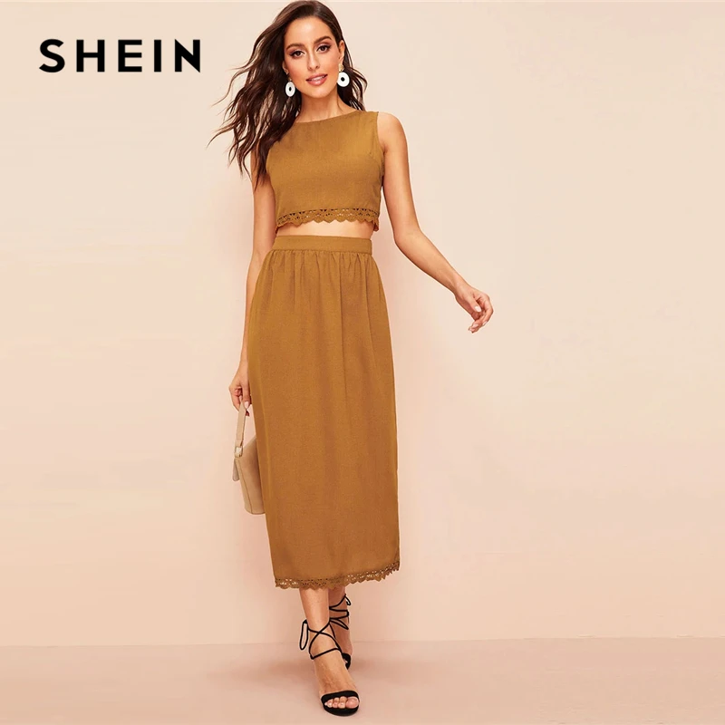 

SHEIN Elegant Brown Buttoned Back Lace Trim Crop Top and Long Skirt Set Women Spring Summer 2019 Sleeveless Fitted Two Piece Set