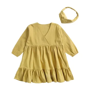 

Korean Girls Dresses New Spring Long Sleeve Kids Cotton Dress Vestidos Vintage V-neck Children Clothes Party Dress D1244