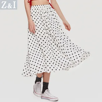 

2018 Summer Women for Skirt Cotton Elastic Waist Wave Point Chiffon Pleated Maxi Beach Long Skirts Vintage Skirts Faldas Saia