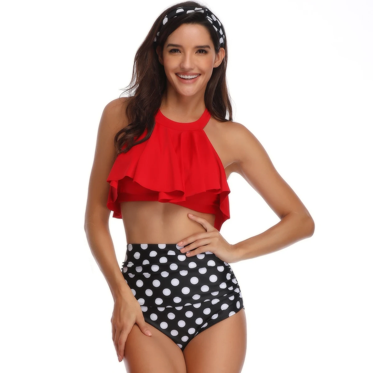 

2019 Sexy Polka Dot High Waist Swimsuit Strappy Swimwear Women High Neck Bikini Ruffle Bikinis Set Halter Bandage Bathing Suit