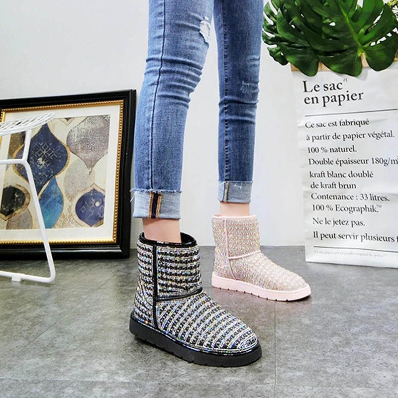 EXCARGO Lady Boots Shoes Rhinestone Winter Fur Warm 2019 Winter Woman Ankle Short Causal Shoes Female Snow Boots Flat Crystal