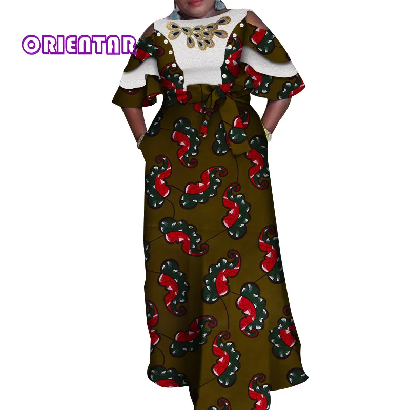 Африканские платья для женщин, Африканское белое кружевное платье с принтом и рукавом-бабочкой, Элегантное Длинное Платье макси с поясом WY4283