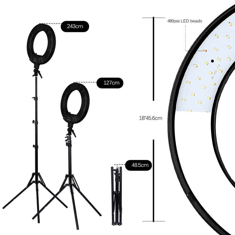 18 дюймов Плавная затемнения 480 шт. светодиодный селфи кольцо светильник для макияжа Youtube видео непрерывного светильник ing фото студия Красота светильник