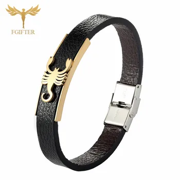 Pulsera Punk con inserción de joyas para hombre y mujer, brazalete de escorpión de cuero, brazalete de Color dorado y plateado, pulsera de cuero para hombre y mujer