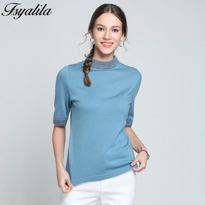 Knitted Sweater Half Sleeve Women Winter Autumn Pullover Patchwork