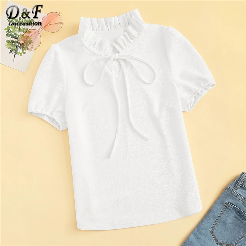 

Dotfashion White Frilled Tie Neck Solid Womens Tops And Blouses 2019 Elegant Summer Puff Sleeve Korean Fashion Clothing Blouse